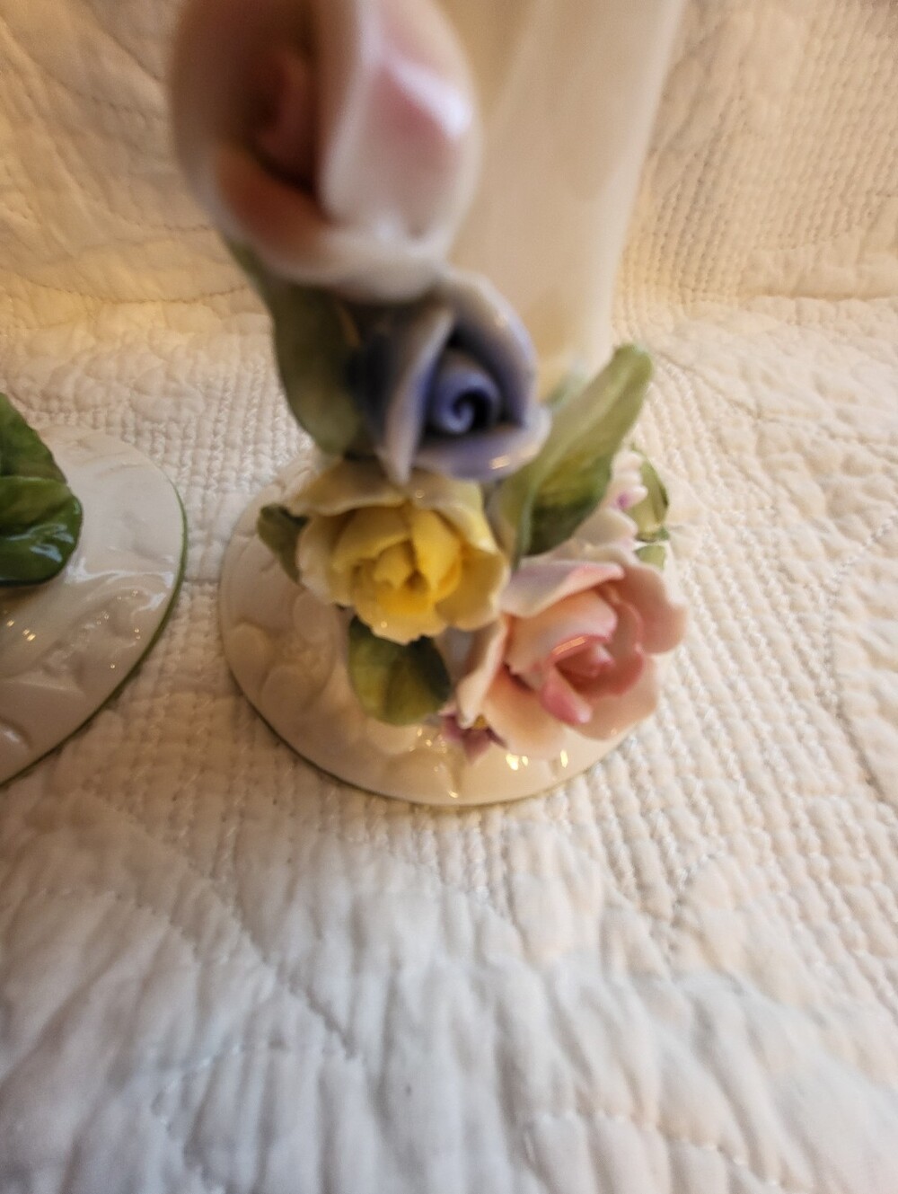 Set Of 2 Porcelain White Floral 5 Inch Candle Holders in with Pastel Roses - Picture 9 of 16